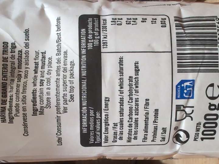 Informació nutricional de la farina integral