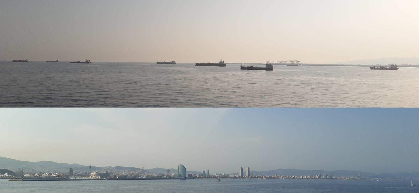 Imatge de la costa barcelonina des del ferri, mirant cap al sud (el delta) i cap al nort (maresme)